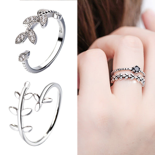 Party 1PC 2018 New Arrival Men Adjustable Obsidian Ring Leaf Graceful Women Gifts Crystal Exquesite Open Silver Beautiful