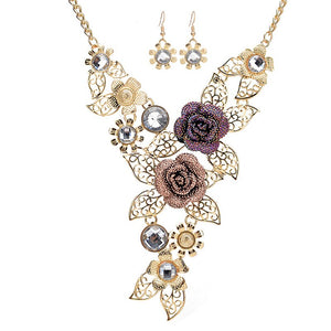 2019 New Crystal Enamel Gold Color Rose Flower Jewelry Sets Women African Costume Jewelry Maxi Necklace Earring Set VP697