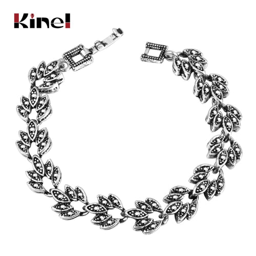 Kinel Fashion Gray Crystal Bangle Bracelets Silver Color Tree Leaf Bracelet Womens Vintage Jewelry