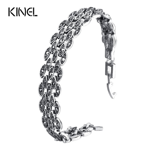 Kinel Bright Black Crystal Bracelet For Women Antique Silver Color Little Eye Link Bracelets Charm Vintage Jewelry