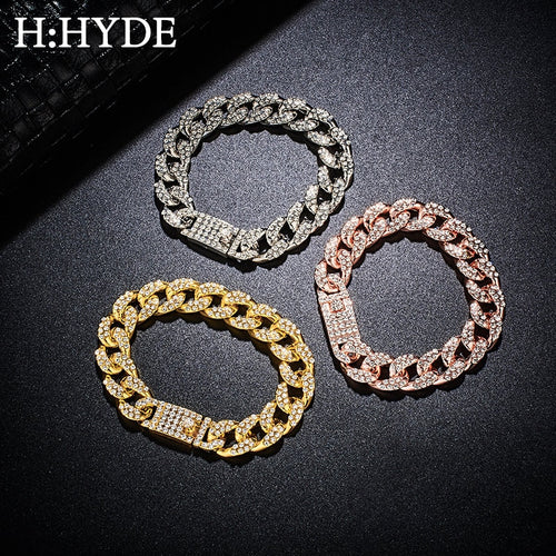 H:HYDE Men's Bracelet Hip Hop Miami Cuban Link Gold Silver Color Iced Out Paved Rhinestones Male Wristband Street Jewelry