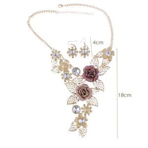 2019 New Crystal Enamel Gold Color Rose Flower Jewelry Sets Women African Costume Jewelry Maxi Necklace Earring Set VP697