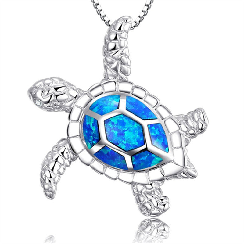 Fashion Silver Filled Blue Imitati Opal Sea Turtle Pendant Necklace for Women Female Animal Wedding Ocean Beach Jewelry Gift