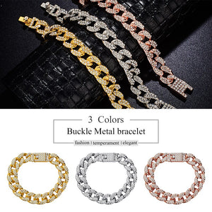 H:HYDE Men's Bracelet Hip Hop Miami Cuban Link Gold Silver Color Iced Out Paved Rhinestones Male Wristband Street Jewelry