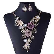 Load image into Gallery viewer, 2019 New Crystal Enamel Gold Color Rose Flower Jewelry Sets Women African Costume Jewelry Maxi Necklace Earring Set VP697