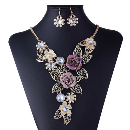 2019 New Crystal Enamel Gold Color Rose Flower Jewelry Sets Women African Costume Jewelry Maxi Necklace Earring Set VP697